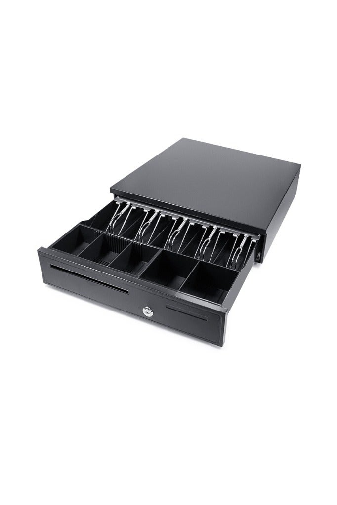 Kalon Heavy-Duty POS Cash Drawer with 5 Bill & 5 Coin Compartments – Secure Lock, 405x420x100mm – Black Metal Cash drawer Register Drawer for Retail & Restaurant Cafes SHOP Supermarkets, and service Cash Drawer - Image 1