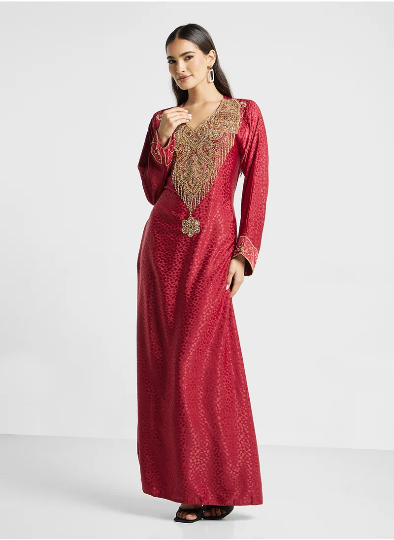 ARABIAN CLOSET Embellished Belted Jalabiya