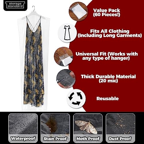Storage Standard 60-Pack Extra Long Dry Cleaning Bags for Clothes 72-Inch Long - Clear Plastic Garment Bags for Hanging Clothes, Dry Cleaner Plastic Clothing Cover for Suits, Gowns, Coat, Dance Costumes & Long Dresses - Image 3