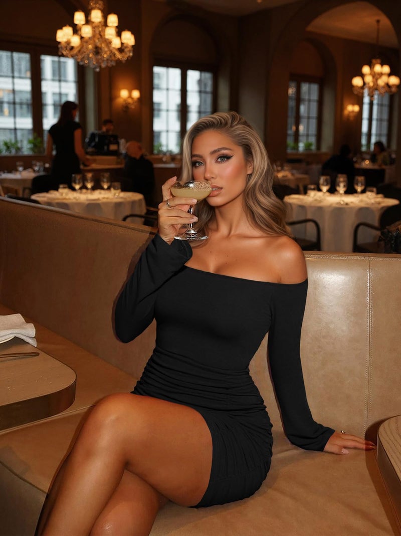 DRESSQUEEN Women's Off Shoulder Bodycon Mini Dress Elegant Long Sleeve Ruched & Ribbed Tight Fit Clubwear for Cocktail Party,Date Night Black - Image 2