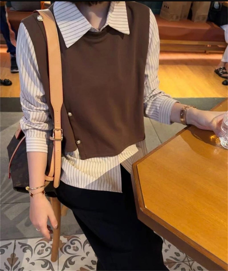 New Fake Two-piece Striped Shirt Design Sense Niche Loose All-match Fashion Top Stylish Shirt A2896 Brown