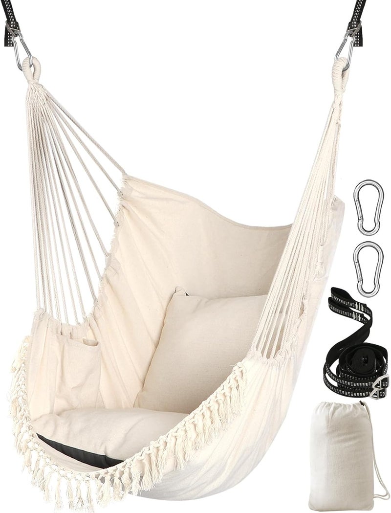 Chihee Hammock Chair Hanging Swing 2 Pillows Included,Strong Webbing Straps and Hooks for Easy Hanging Soft Cotton Hanging Chair Side Pocket Tassel Chair Comfort Indoor Outdoor - Image 1