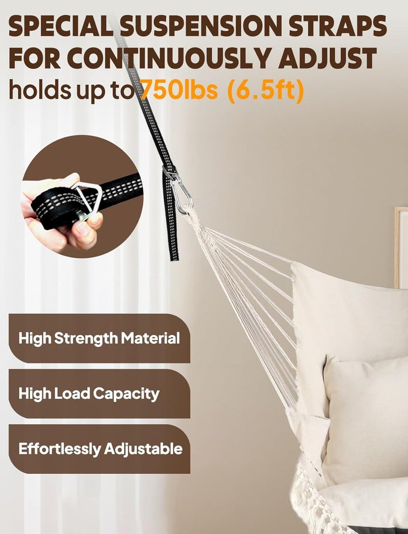 Chihee Hammock Chair Hanging Swing 2 Pillows Included,Strong Webbing Straps and Hooks for Easy Hanging Soft Cotton Hanging Chair Side Pocket Tassel Chair Comfort Indoor Outdoor - Image 5