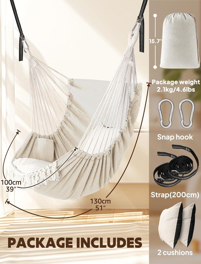 Chihee Hammock Chair Hanging Swing 2 Pillows Included,Strong Webbing Straps and Hooks for Easy Hanging Soft Cotton Hanging Chair Side Pocket Tassel Chair Comfort Indoor Outdoor - Image 4
