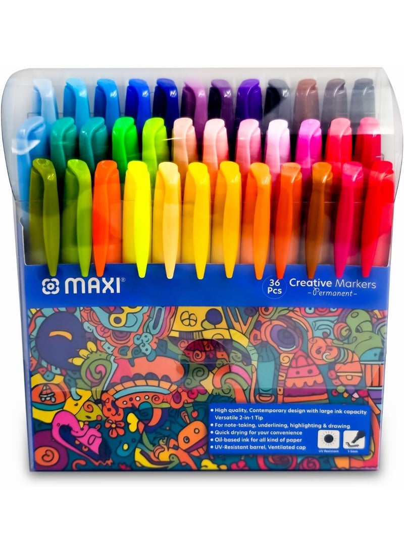 Maxi Creative Permanent Marker Bullet Slim 36Pcs Assorted Colours Works Well On Paper Canvas Plastic Fabric Crafts Stones Glass Metal Wood And Most Other Surfaces - Image 1