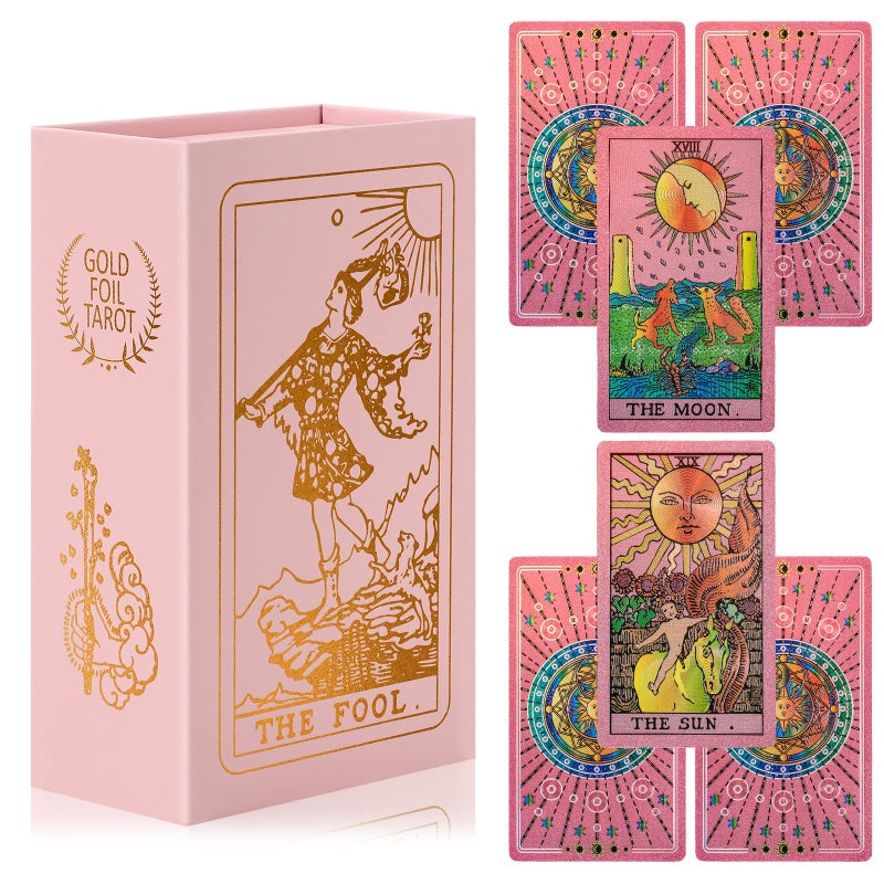 LYINGFISH Tarot Cards for Beginners Pink Tarot Cards with Guide Book Gold Foil with Meanings on Them 78 Classic Origina Waterproof Rider Waite Taro Deck Fortune Telling GamePink - Image 3