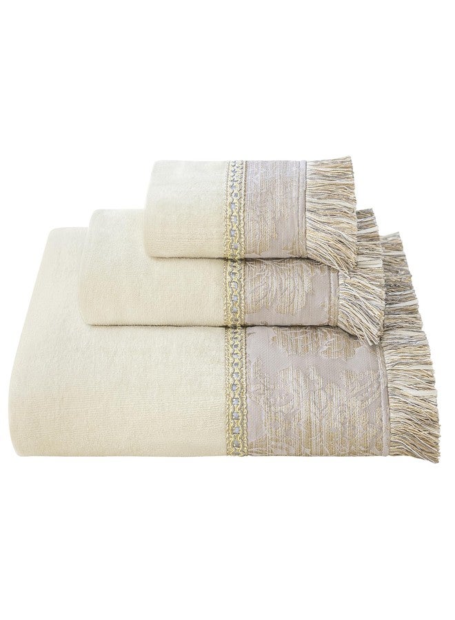 Loom and Mill طقم مناشف حمام قطنية فاخرة من لوم آند ميل، 3 قطع - منشفة حمام، منشفة يد، قطعة قماش للوجه، أطقم مناشف مزخرفة فائقة النعومة وعالية الامتصاص للحمام، تصميم جاكار أنيق (عاجي - بيج - فضي). - Image 1