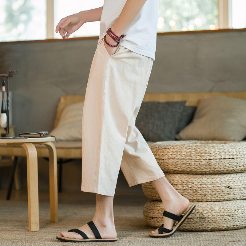 Summer Linen Cropped Pants Men Casual Slim lake blue - Image 4