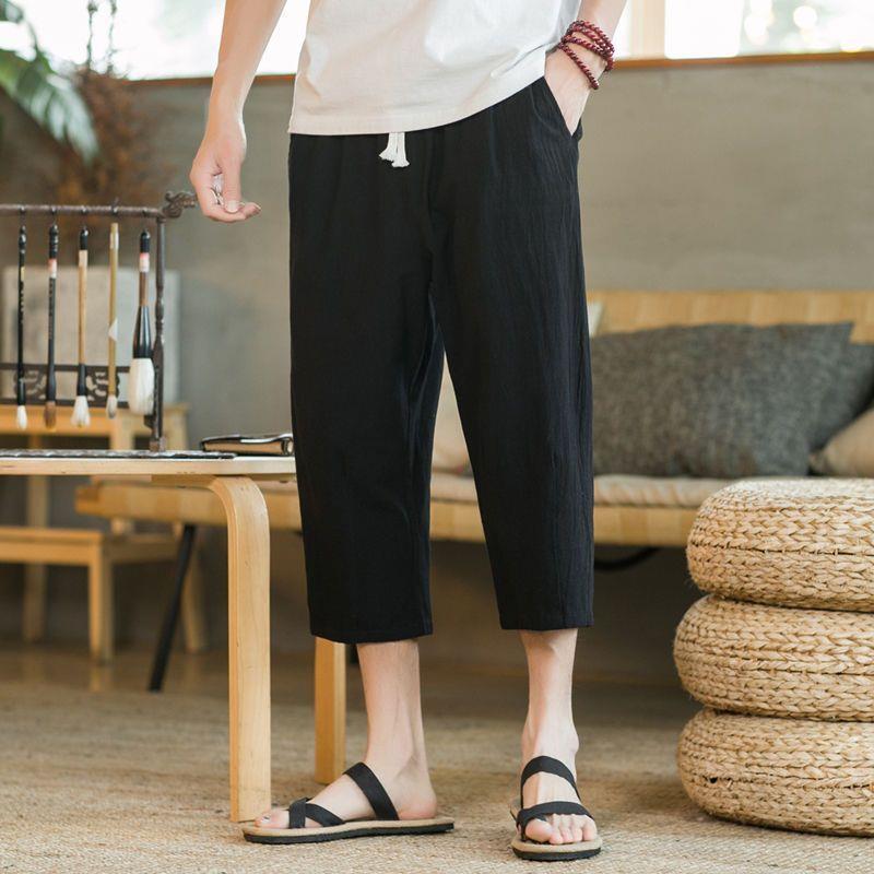 Summer Linen Cropped Pants Men Casual Slim lake blue - Image 3