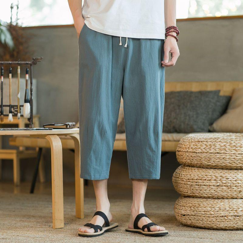 Summer Linen Cropped Pants Men Casual Slim lake blue - Image 1