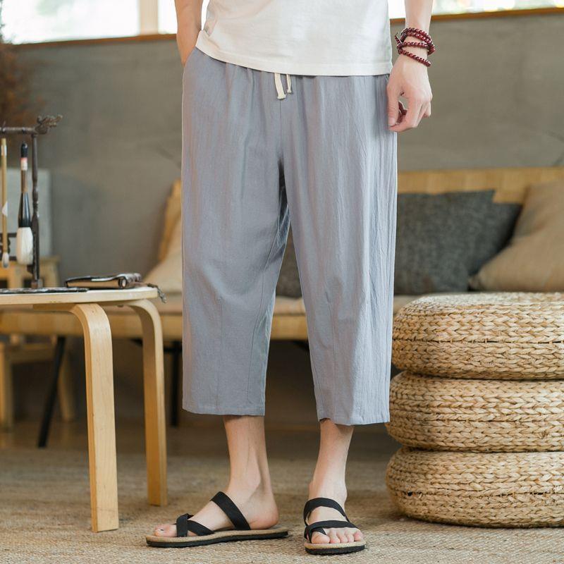 Summer Linen Cropped Pants Men Casual Slim lake blue - Image 2
