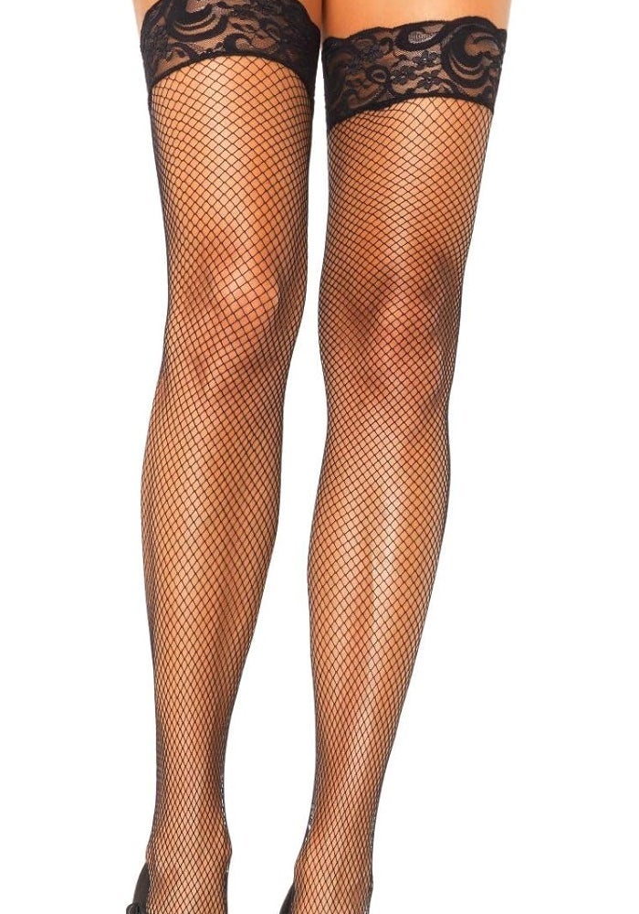 Leg Avenue Women's Stay-Up Fishnet Thigh Highs with Lace Top - Black, One Size