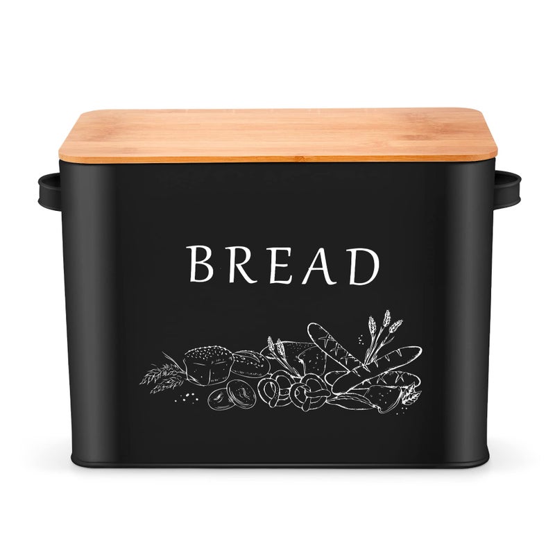 Herogo Bread Bin Metal Bread Box with Wooden Lid for Cutting Loaf Board Extra Large Loaf Holder Holds 2 Loaves Space Saving Storage for Kitchen Countertop 33x18x245cm Black