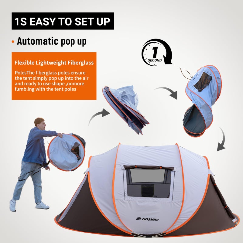 EchoSmile Instant Pop Up Camping Tent, 4 Person Easy Setup Tent, Water Resistant Dome, Portable with Carry Bag,White & Brown - Image 3