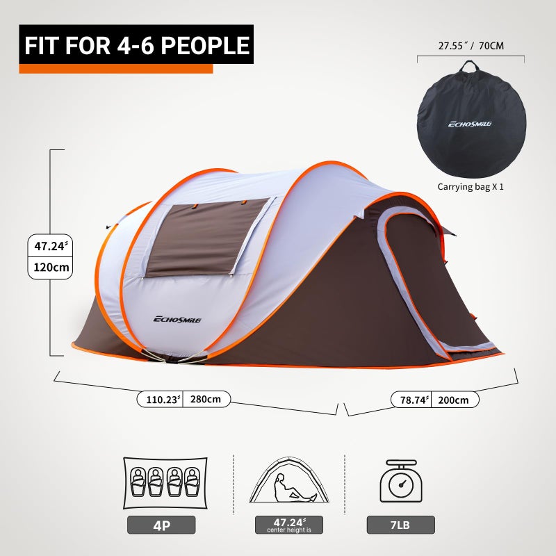 EchoSmile Instant Pop Up Camping Tent, 4 Person Easy Setup Tent, Water Resistant Dome, Portable with Carry Bag,White & Brown - Image 2