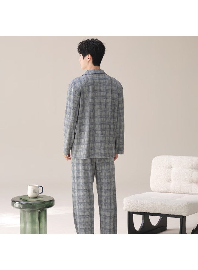 Your Sun Yiershuang Men's Autumn Winter Pure Cotton Long Sleeve Long Pants Round Neck Homewear Full Cotton Fashion Plaid Pajama Set - Image 5