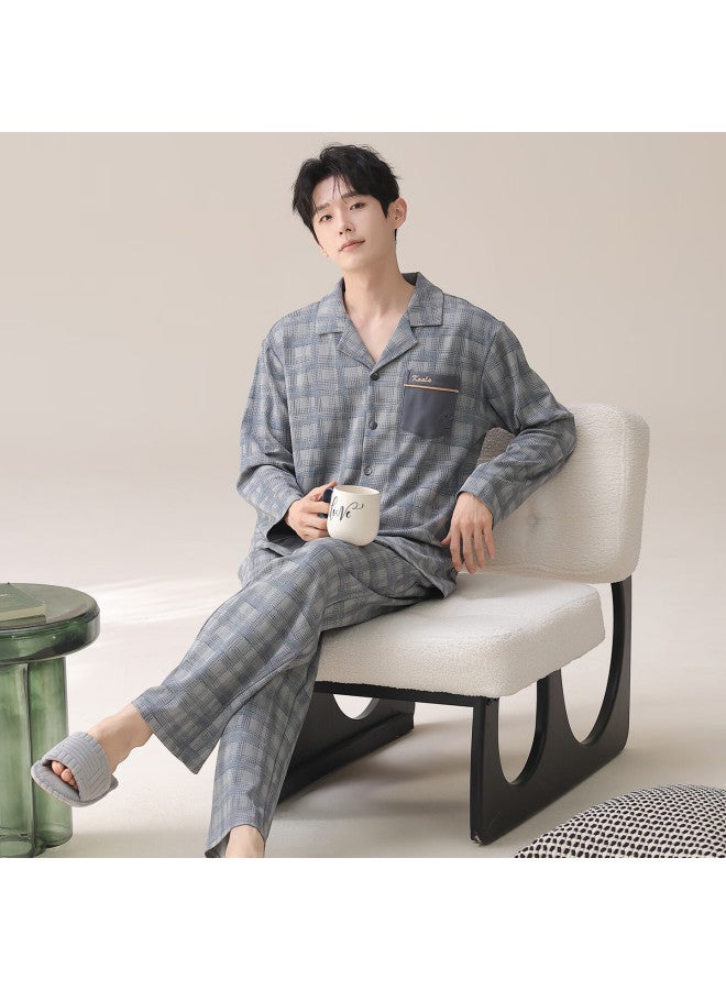 Your Sun Yiershuang Men's Autumn Winter Pure Cotton Long Sleeve Long Pants Round Neck Homewear Full Cotton Fashion Plaid Pajama Set - Image 2