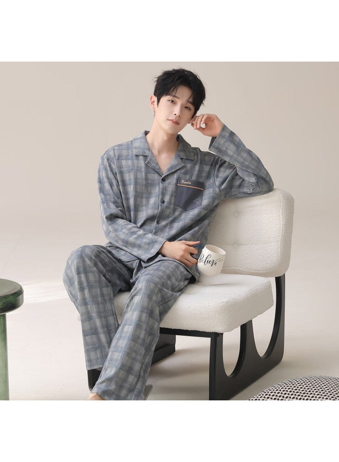 Your Sun Yiershuang Men's Autumn Winter Pure Cotton Long Sleeve Long Pants Round Neck Homewear Full Cotton Fashion Plaid Pajama Set - Image 3