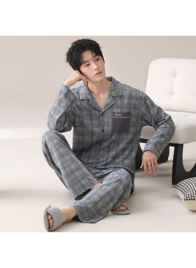 Your Sun Yiershuang Men's Autumn Winter Pure Cotton Long Sleeve Long Pants Round Neck Homewear Full Cotton Fashion Plaid Pajama Set - Image 1