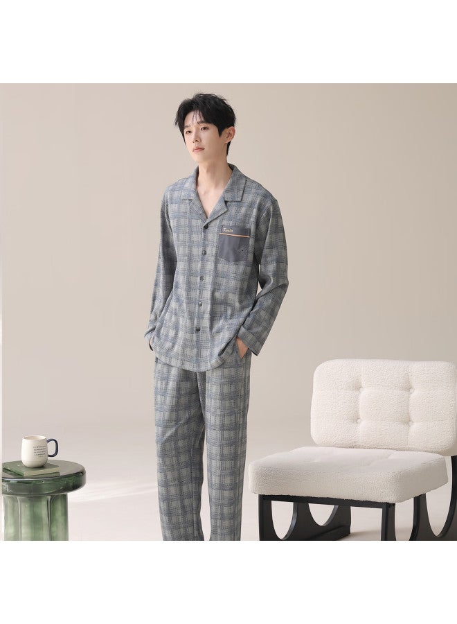 Your Sun Yiershuang Men's Autumn Winter Pure Cotton Long Sleeve Long Pants Round Neck Homewear Full Cotton Fashion Plaid Pajama Set - Image 4