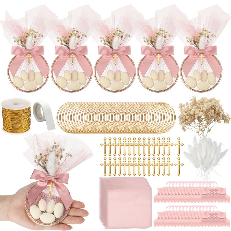 Geelin 24 Set Baptism Almond Candy Favors Christening Tulle Bags Rings Ribbion DIY Candy Bags First Communion Favors for Guest Wedding Bridal Shower Gifts No AlmondPink - Image 3