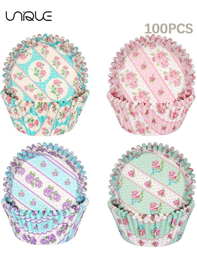 Unique 100Pcs Retro Rose Cupcake Liners - 4 Colors - Disposable Paper Cupcake Liners - Food Grade Baking Cups - Suitable for Baking, Desserts, Pastries, Weddings, Birthdays, Party Supplies - 7 x 5 x 3 cm - Image 1