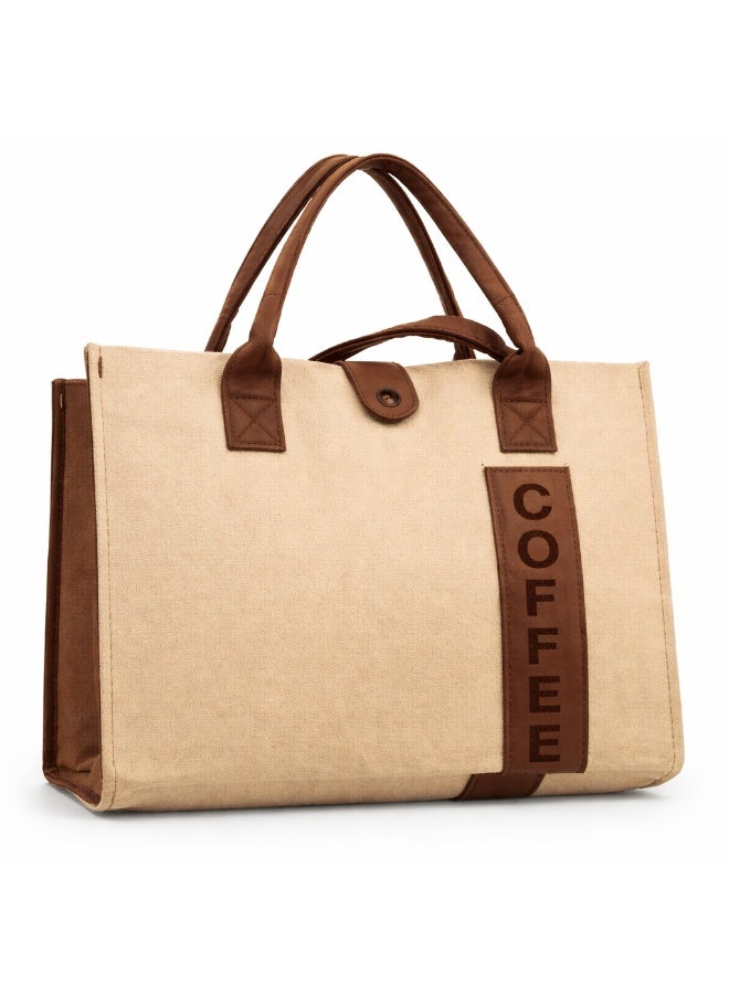 Trendiva Coffee Tote Bag with Leather Handles – Stylish Canvas Handbag for Shopping, Travel & Daily Use – Large Capacity Coffee Bag Beige & Brown - Image 1