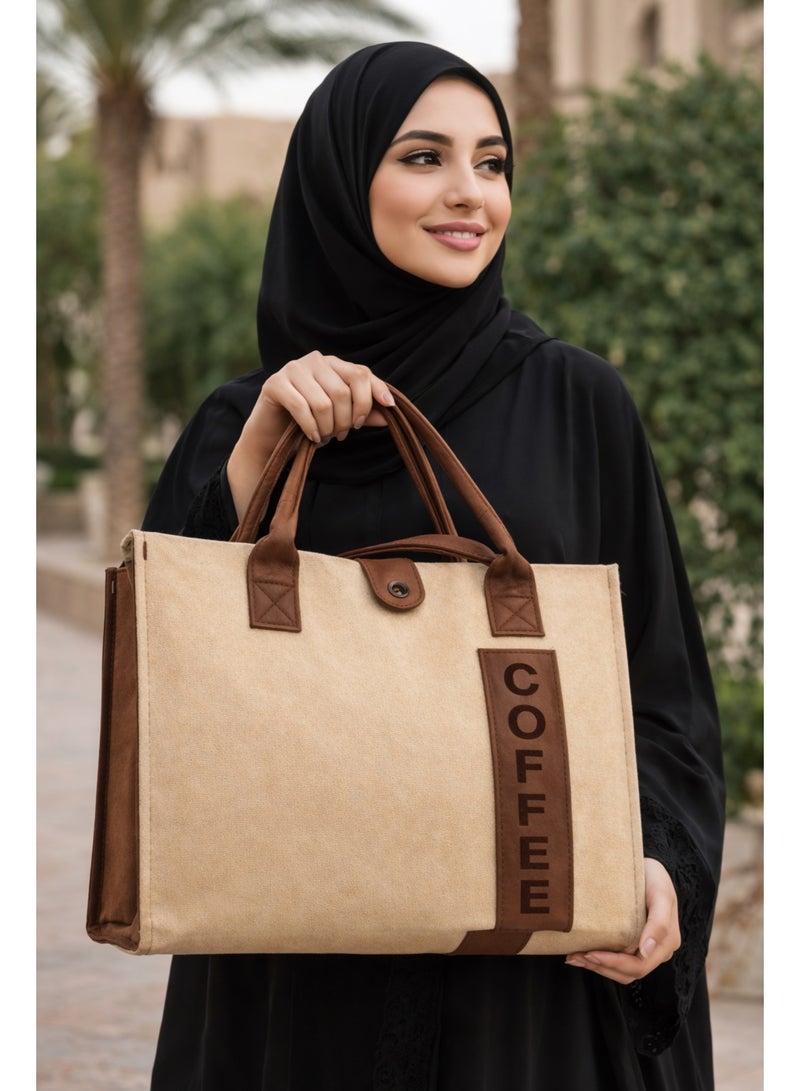 Trendiva Coffee Tote Bag with Leather Handles – Stylish Canvas Handbag for Shopping, Travel & Daily Use – Large Capacity Coffee Bag Beige & Brown - Image 2