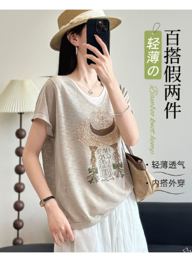 Modal Summer Pseudo Two-Piece Lightweight Short Sleeves Fashion Loose Casual Printed Breathable Versatile Women'S Top - Image 1