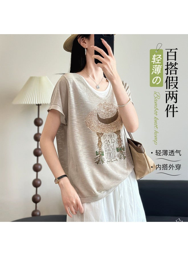 Modal Summer Pseudo Two-Piece Lightweight Short Sleeves Fashion Loose Casual Printed Breathable Versatile Women'S Top - Image 2