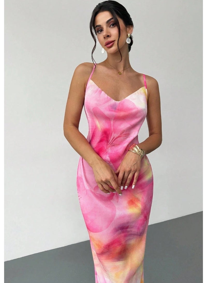 SHEIN Women Dress, Simple Elegant Romantic For Casual Dating,Holiday Beach Party, Yellow Pink Floral Print, Pleated Texture Fabric, Spaghetti Strap Sweetheart Neck Sleeveless Fitted Maxi Dress,Boho Clothes Women - Image 4