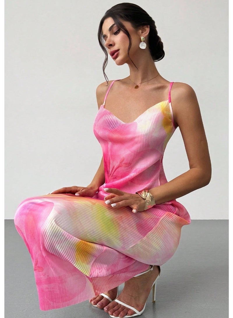 SHEIN Women Dress, Simple Elegant Romantic For Casual Dating,Holiday Beach Party, Yellow Pink Floral Print, Pleated Texture Fabric, Spaghetti Strap Sweetheart Neck Sleeveless Fitted Maxi Dress,Boho Clothes Women - Image 5