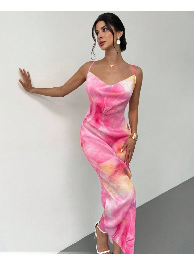 SHEIN Women Dress, Simple Elegant Romantic For Casual Dating,Holiday Beach Party, Yellow Pink Floral Print, Pleated Texture Fabric, Spaghetti Strap Sweetheart Neck Sleeveless Fitted Maxi Dress,Boho Clothes Women - Image 1