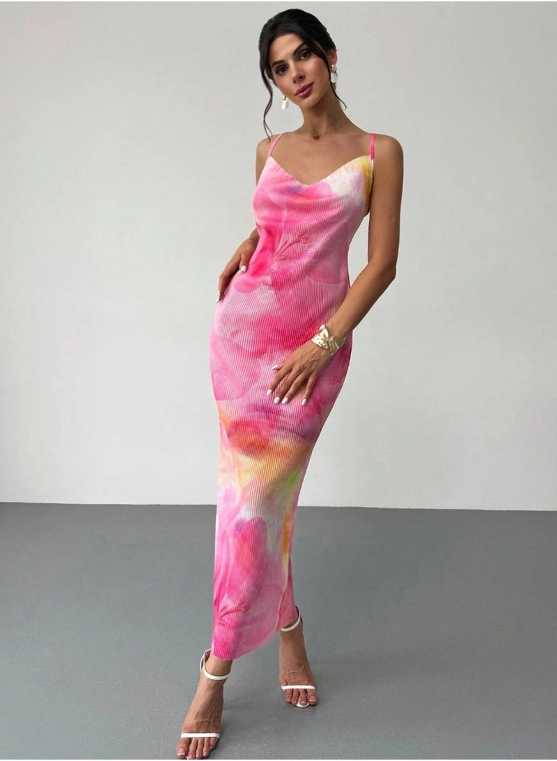 SHEIN Women Dress, Simple Elegant Romantic For Casual Dating,Holiday Beach Party, Yellow Pink Floral Print, Pleated Texture Fabric, Spaghetti Strap Sweetheart Neck Sleeveless Fitted Maxi Dress,Boho Clothes Women - Image 3