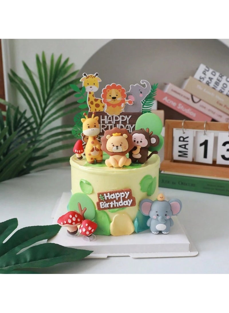 Birthday Decoration – Cake Toppers and Picks Set Perfect for birthdays and parties, featuring a "Happy Birthday" message and cute jungle animal designs. Set includes 9 pieces - Image 1
