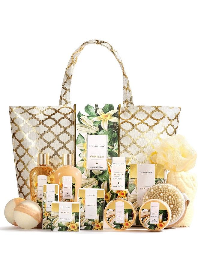 spa luxetique Gift Basket For Women Vanilla Scent Spa Kit 15 Pcs Self Care Basket Including Bubble Bath Bath Salt Bath Bombs And Tote Bag Birthday Gifts For Woman  - Image 1