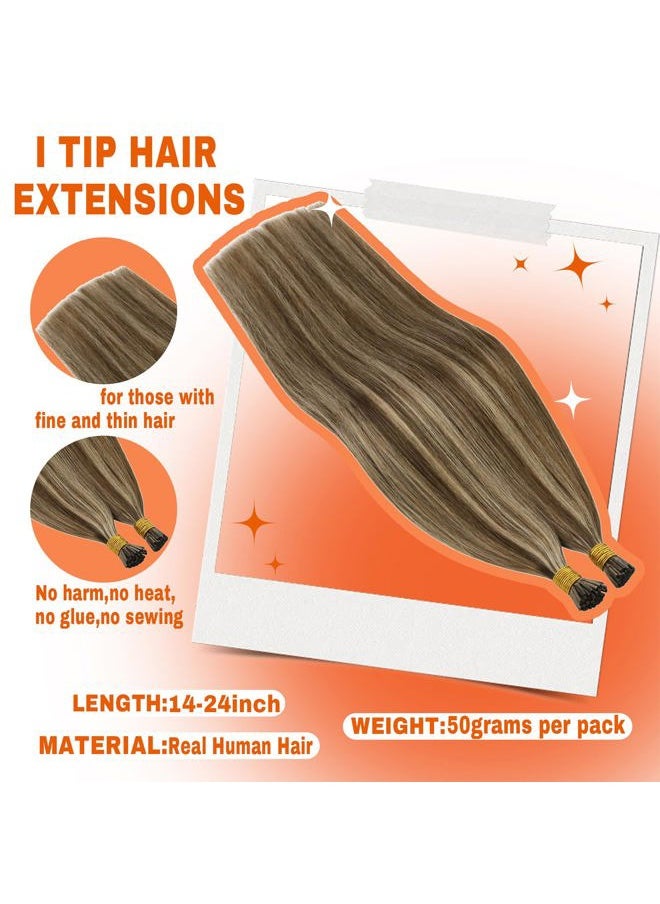 Sunny Hair 24in I Tip Hair Extensions Human Hair Brown Highlight Itip Hair Extensions Dark Brown Highlight Blonde I Tip Human Hair Extensions Brown Itips Hair Extensions for Hiding Hair Loss 50g 50s  - Image 2