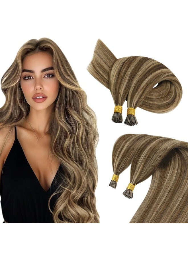 Sunny Hair 24in I Tip Hair Extensions Human Hair Brown Highlight Itip Hair Extensions Dark Brown Highlight Blonde I Tip Human Hair Extensions Brown Itips Hair Extensions for Hiding Hair Loss 50g 50s  - Image 1