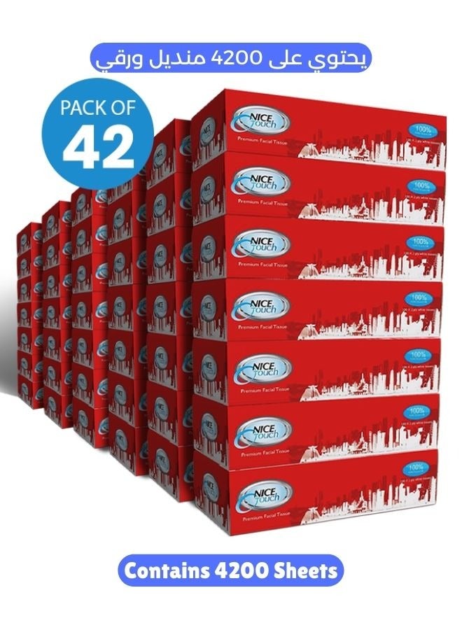 NICE Touch مناديل وجه مزدوجة 2 طبقة، 4200 ورقة ناعمة ممتازة، 42 عبوة تحتوي على 100 ورقة - صناديق مناديل رفيعة ومضغوطة للاستخدام في السيارة، 100% سليلوز - Image 1