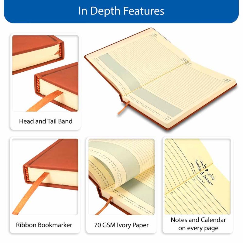 FIS 2026 A4 Diary, 210x297mm, 1 Side Padded Italian PU Cover Materials, Round Corners, 1 Day a Page Format, Arabic/English, 70gsm Italian Ivory Paper, Brown Cover - FSDI45AE26BR - Image 5