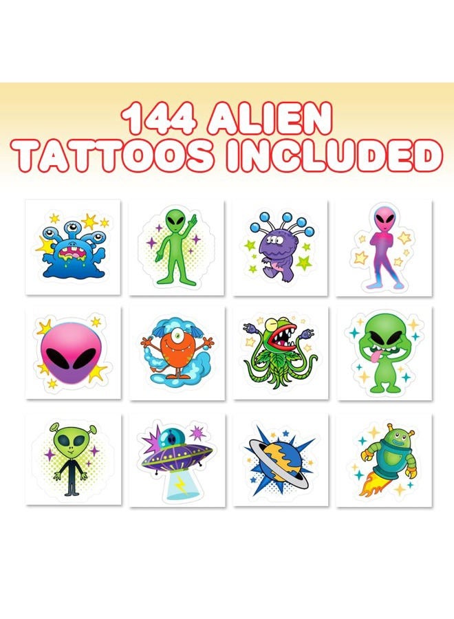 ArtCreativity Alien Temporary Tattoos for Kids, Pack of 144, Funny Extraterrestrial Tattoos, Outer Space Birthday Party Favors, Goodie Bag Fillers, Non-Candy Halloween Treats, 12 Assorted Designs - Image 2