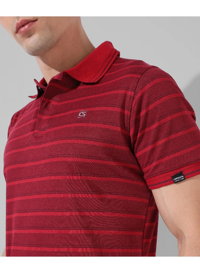 Campus Sutra Men's Red Striped Regular Fit Casual T-Shirt