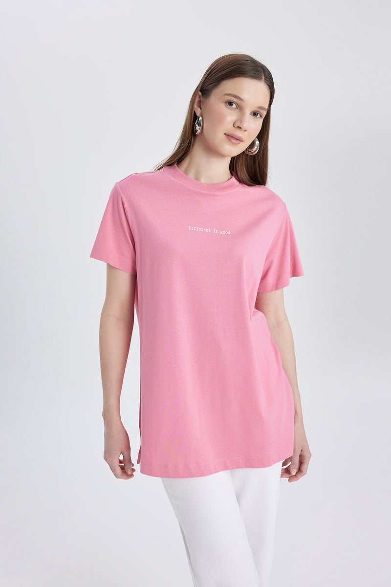 DeFacto Woman Regular Fit Crew Neck Slogan Pattern Short Sleeve Tunic - Image 1