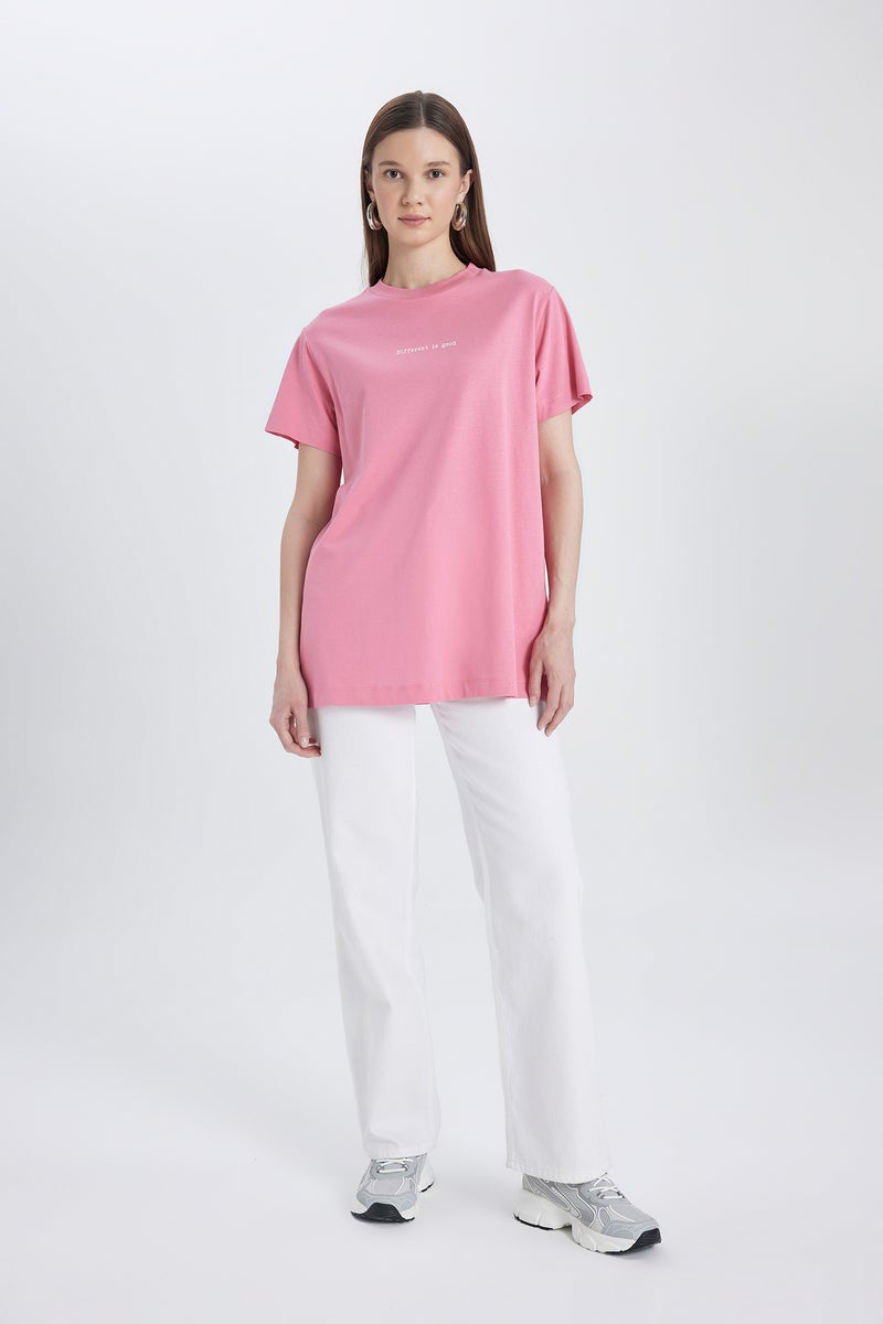 DeFacto Woman Regular Fit Crew Neck Slogan Pattern Short Sleeve Tunic - Image 2