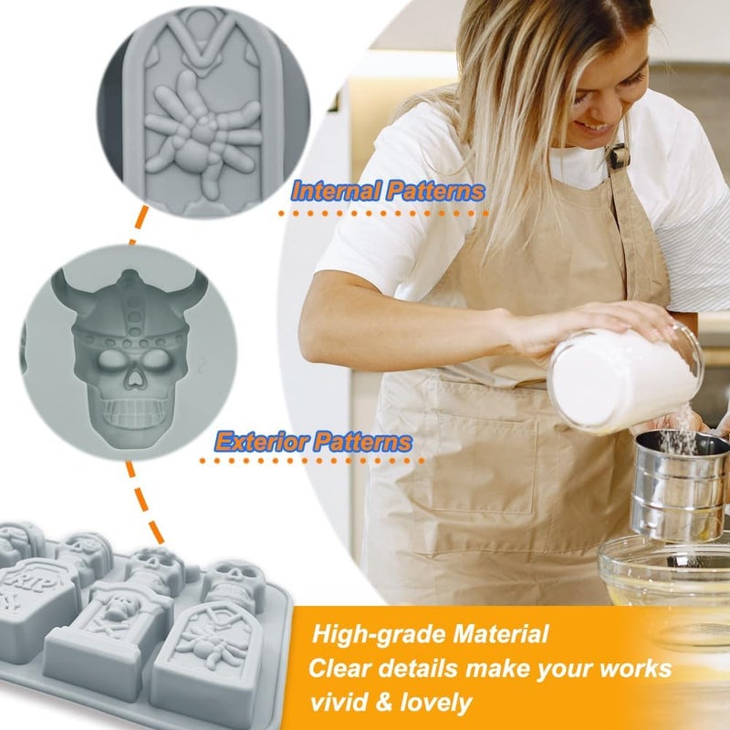 ROMINVIC Halloween Chocolate Mold Silicone,2pcs Cavity Candy Gummy Mold with Skull and Tombstone for Baking Chocolate Jelly Gummy Desser - Image 4