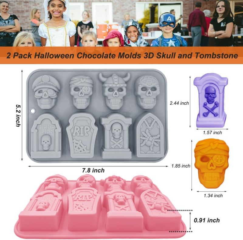 ROMINVIC Halloween Chocolate Mold Silicone,2pcs Cavity Candy Gummy Mold with Skull and Tombstone for Baking Chocolate Jelly Gummy Desser - Image 2