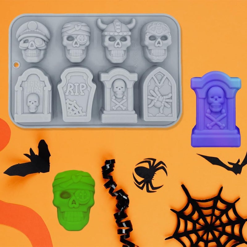 ROMINVIC Halloween Chocolate Mold Silicone,2pcs Cavity Candy Gummy Mold with Skull and Tombstone for Baking Chocolate Jelly Gummy Desser - Image 3