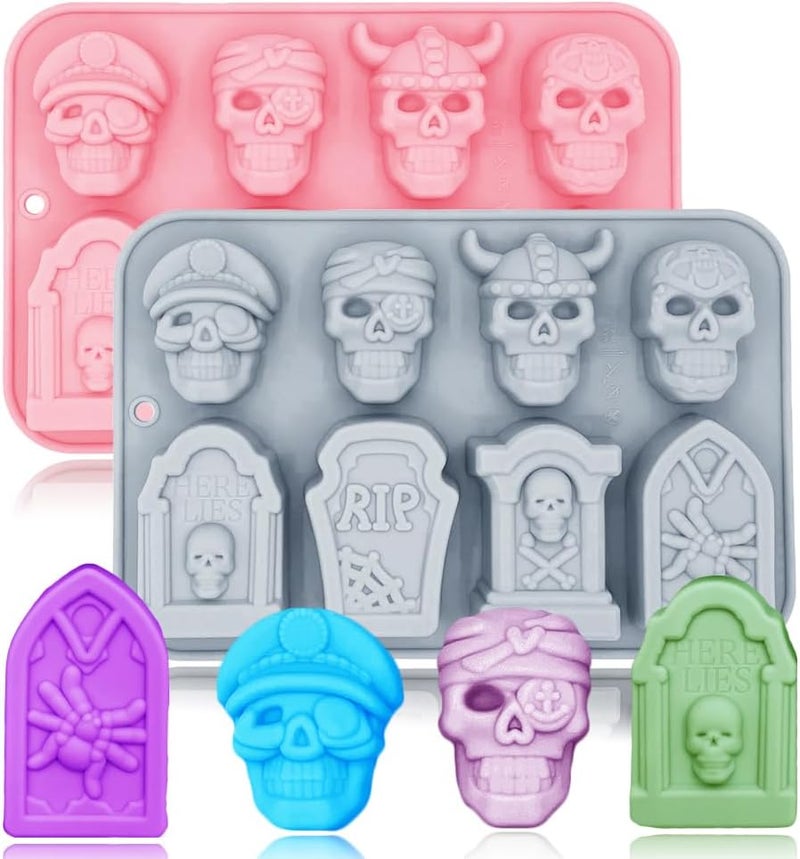 ROMINVIC Halloween Chocolate Mold Silicone,2pcs Cavity Candy Gummy Mold with Skull and Tombstone for Baking Chocolate Jelly Gummy Desser - Image 1