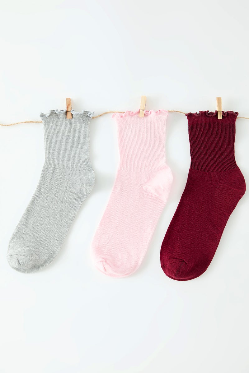 trendyol Burgundy-Powder-Grey 3 Pack Cotton Rubber Mouth Lettuce Detailed Knitted Socks Thmaw24Co00019 - Image 2