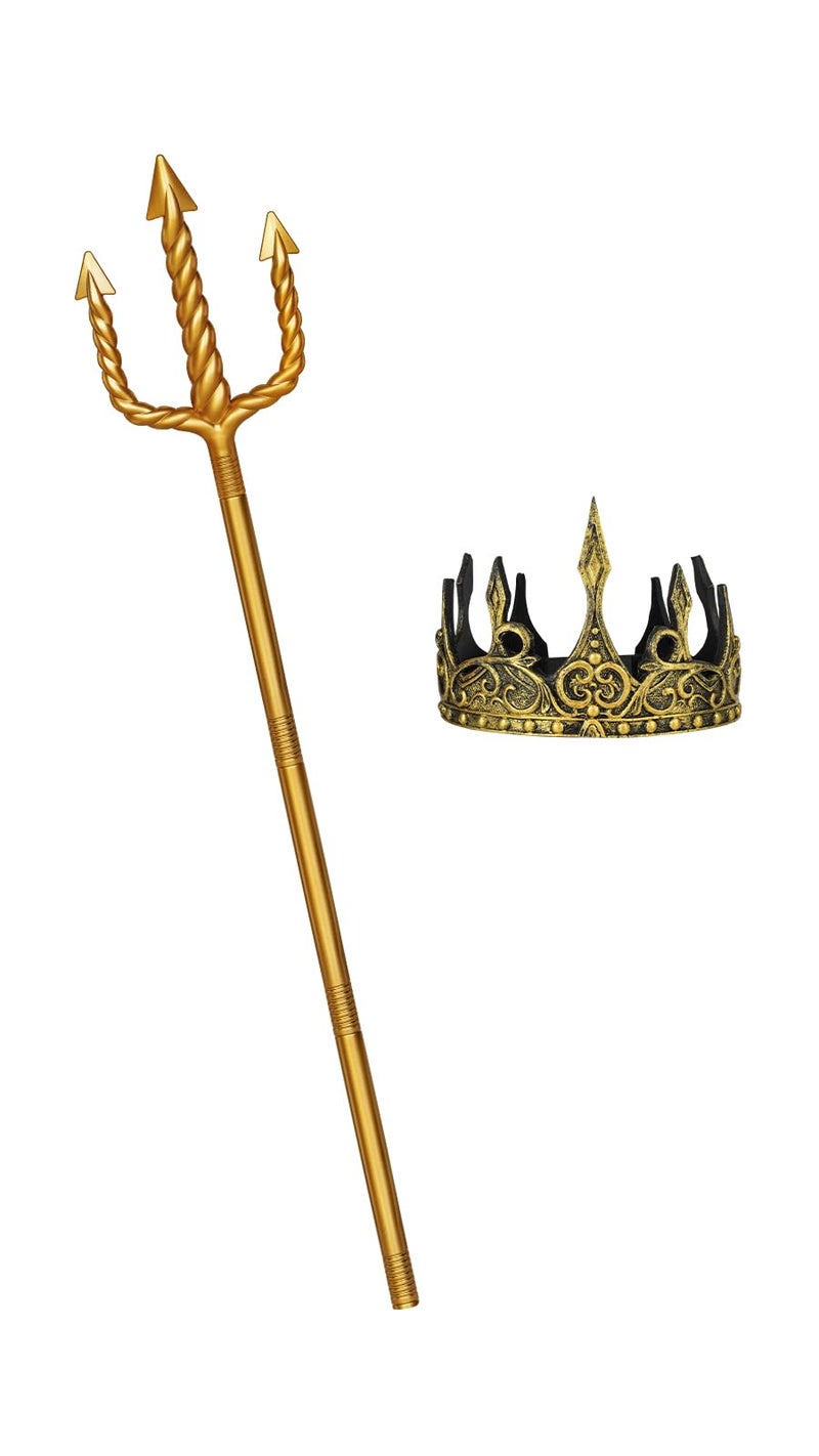 Servllcell Gold Neptune Poseidon Trident and Gold King Crowns,Plastic Trident Staff Foam Crowns Cosplay Set,Halloween Costume Accessory Props - Image 1